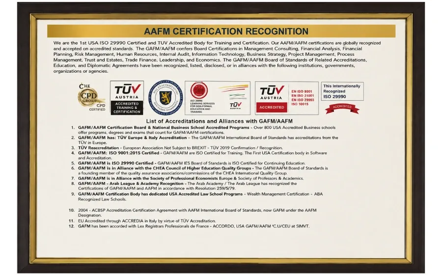 Specimen of the AAFM USA certificate awarded to CWM charter holders